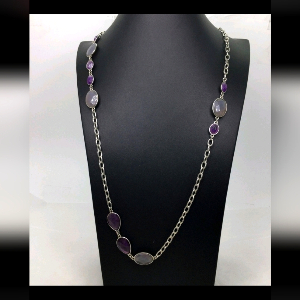 Talbots Gray & Purple Bezel Necklace 34"